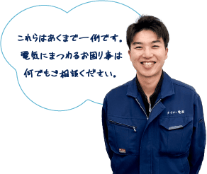 これらはあくまで一例です。電気にまつわるお困り事は何でもご相談ください。